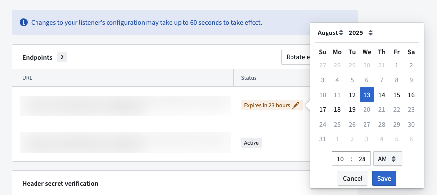 In the listener's endpoint table, endpoint expirations can be modified.