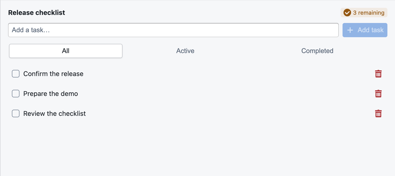 The checklist widget preview shows three sample tasks, completion controls, filters, and a remaining-task count.