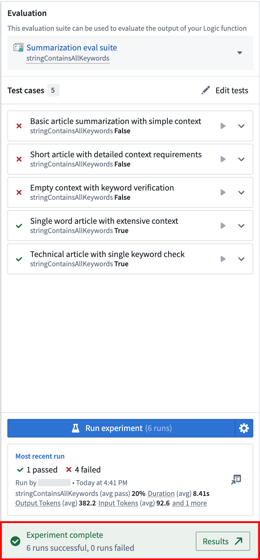The "Experiment complete" notification, with a link to see experiment results.