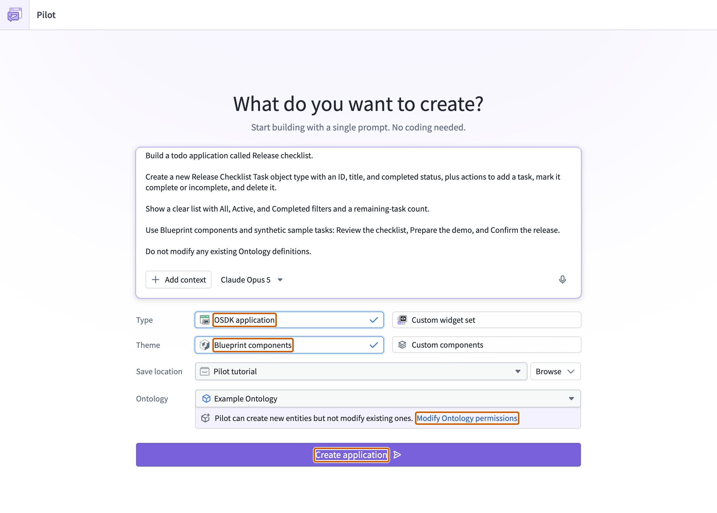 The completed welcome form shows the release checklist prompt, OSDK application, Blueprint components, save location, and Ontology permissions.