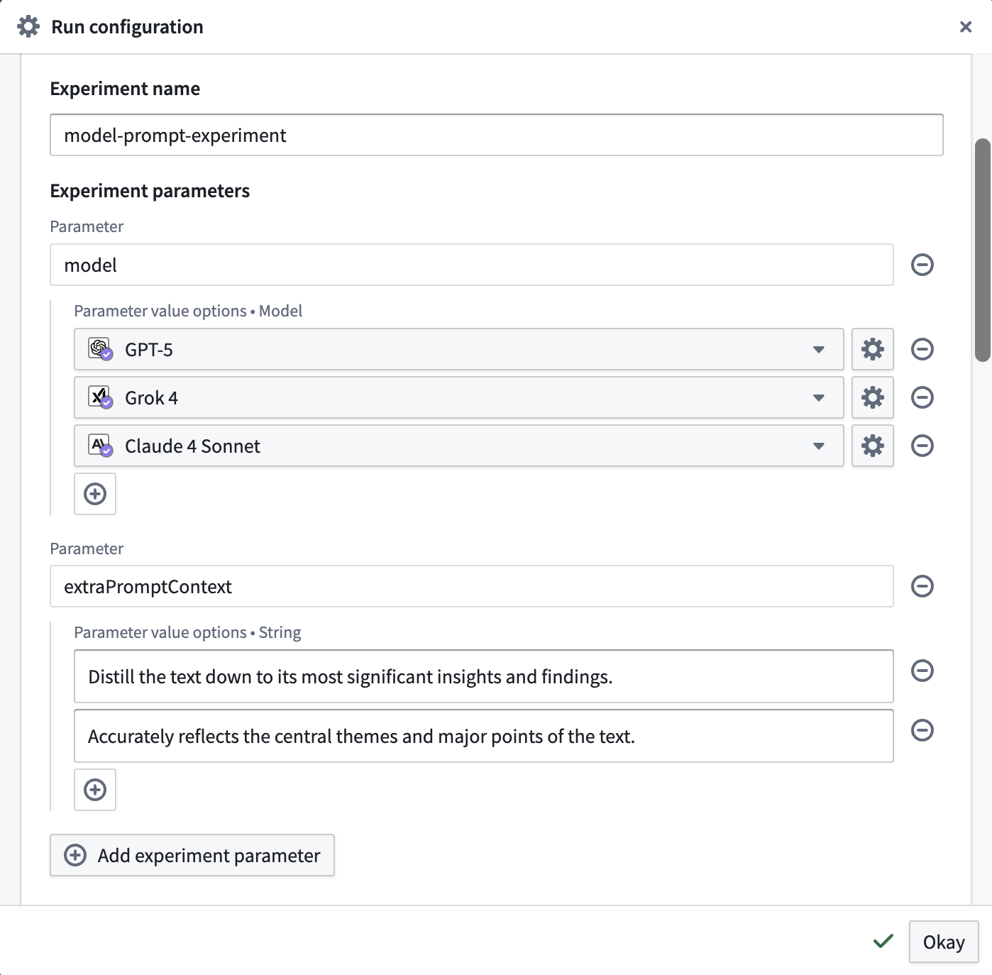 The "Run configuration" dialog with inputs for the experiment name and parameters. 