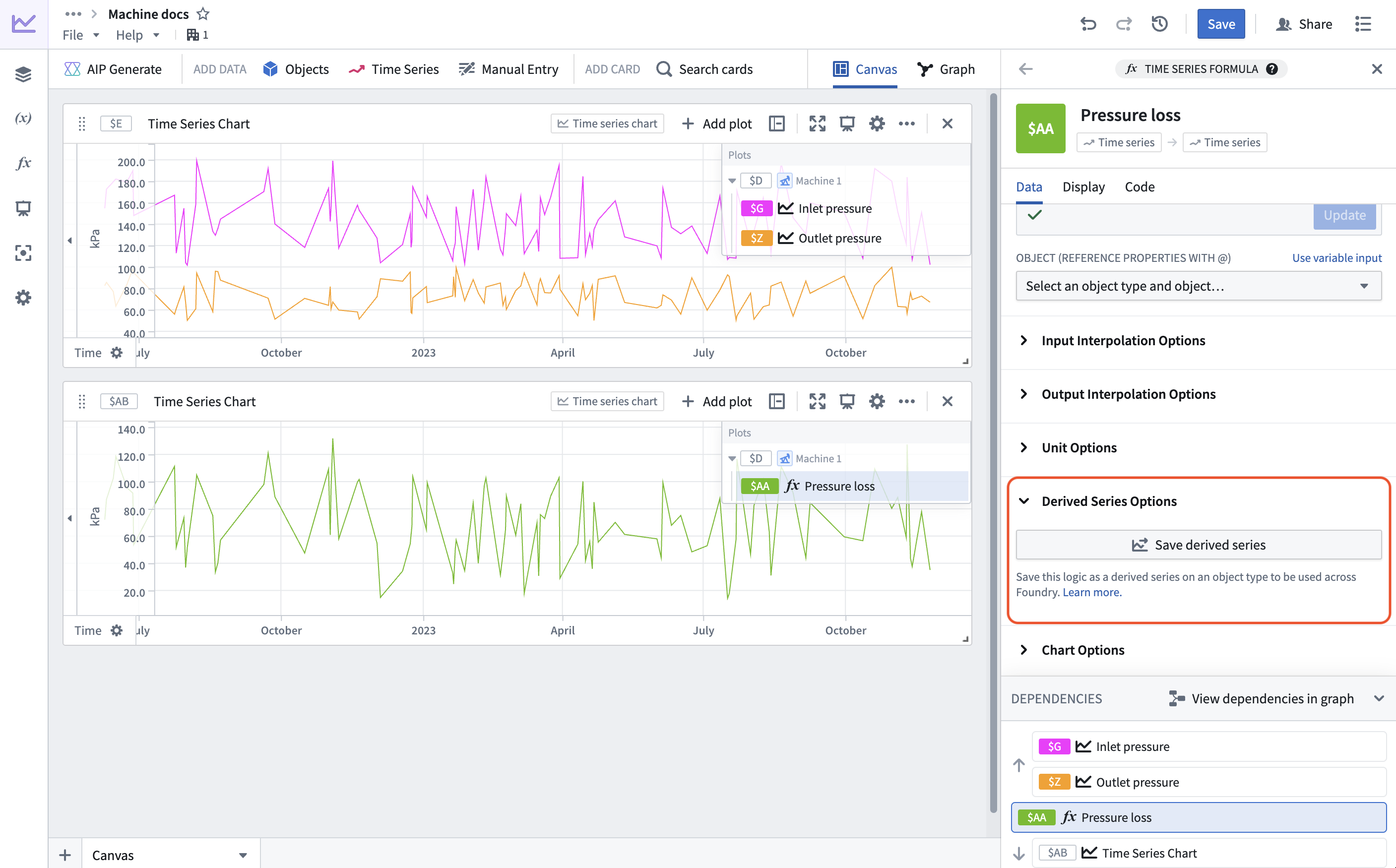 Select "Save derived series" from the "Time series card" configuration panel.