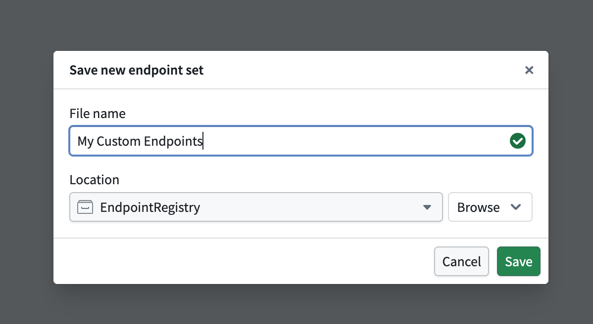 The 'Save new endpoint set' dialog with the option to name your endpoint set.