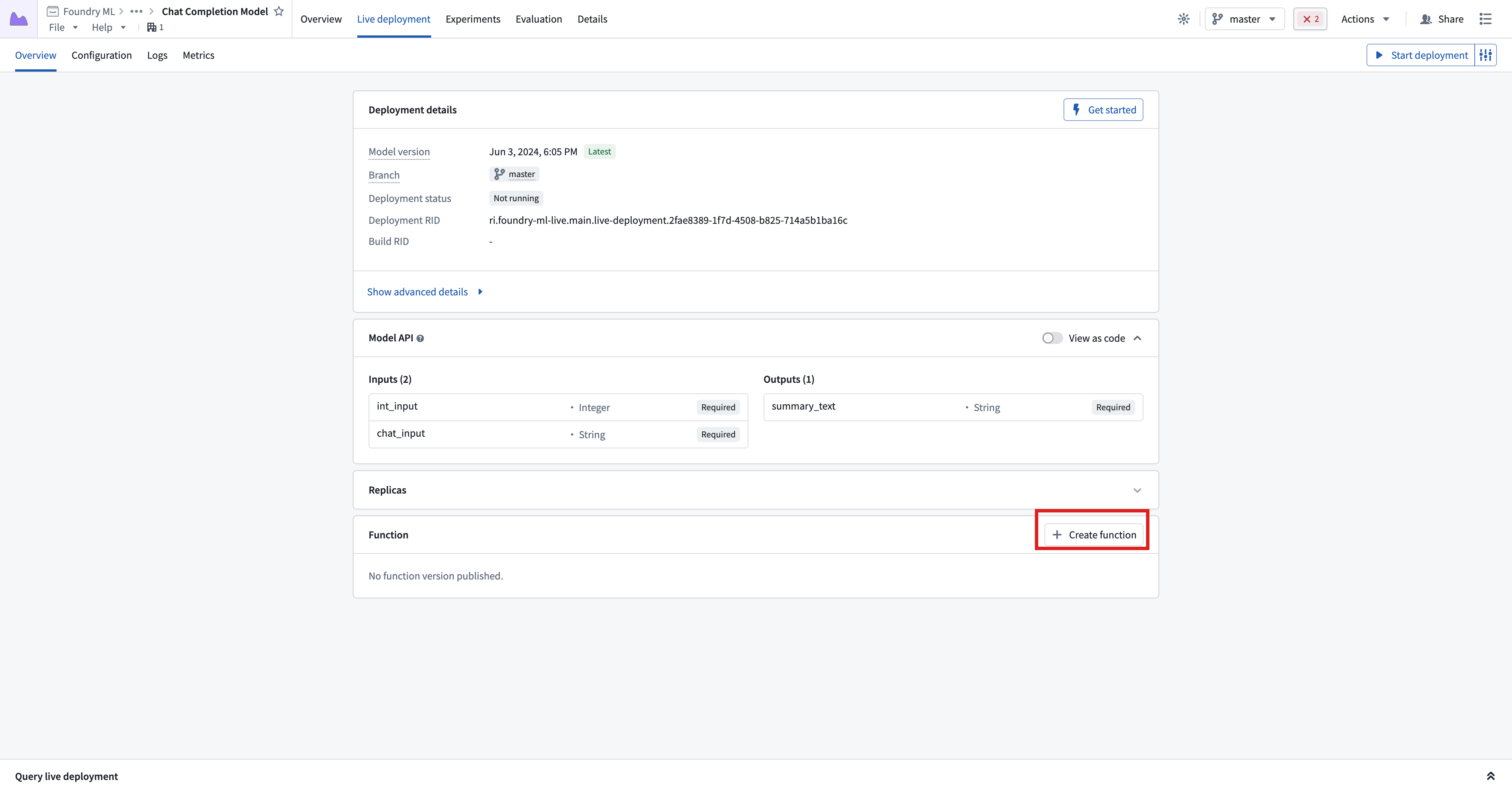 Publish a function for a direct model deployment from a model.
