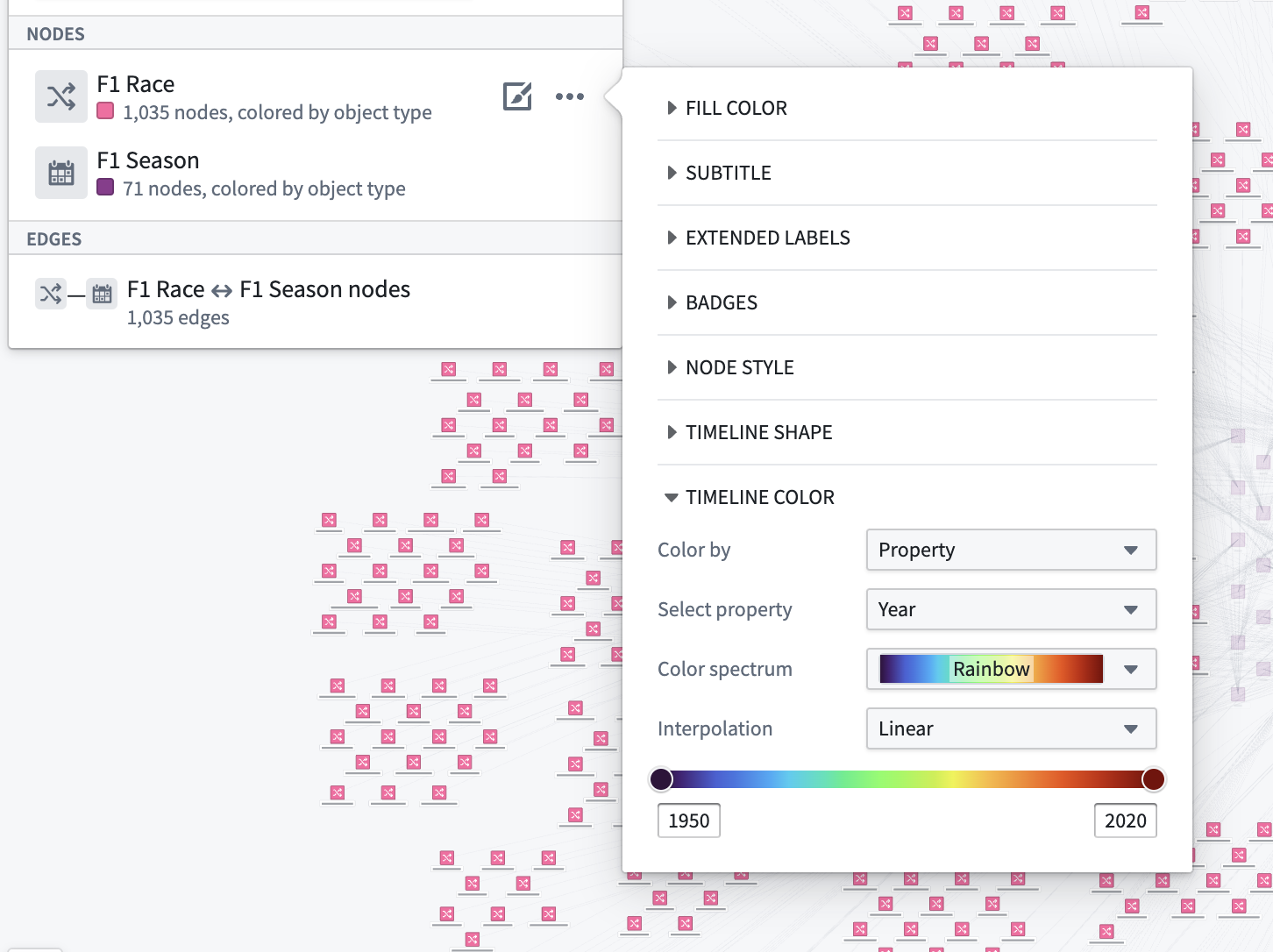 The timeline color configuration window set to color by a property using a rainbow color spectrum. The objects that appear on the map and timeline use a rainbow of colors based on a linear interpolation.