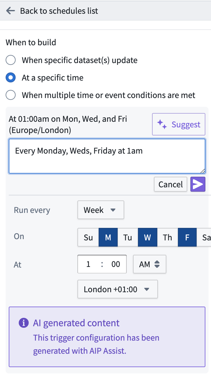 Example schedule set to build every Monday, Wednesday, and Friday at 1am