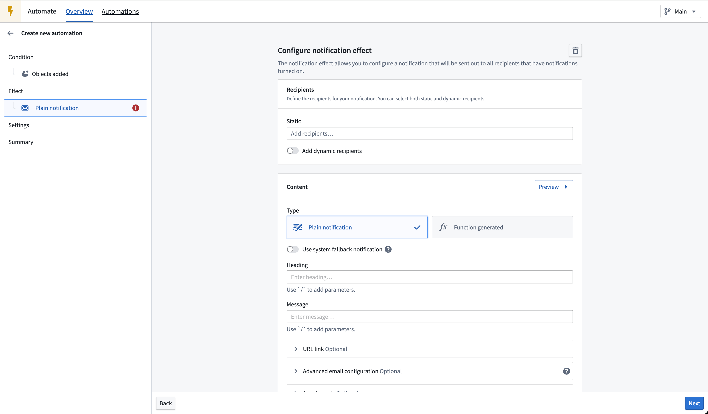 Notification effect with object-property backed recipients