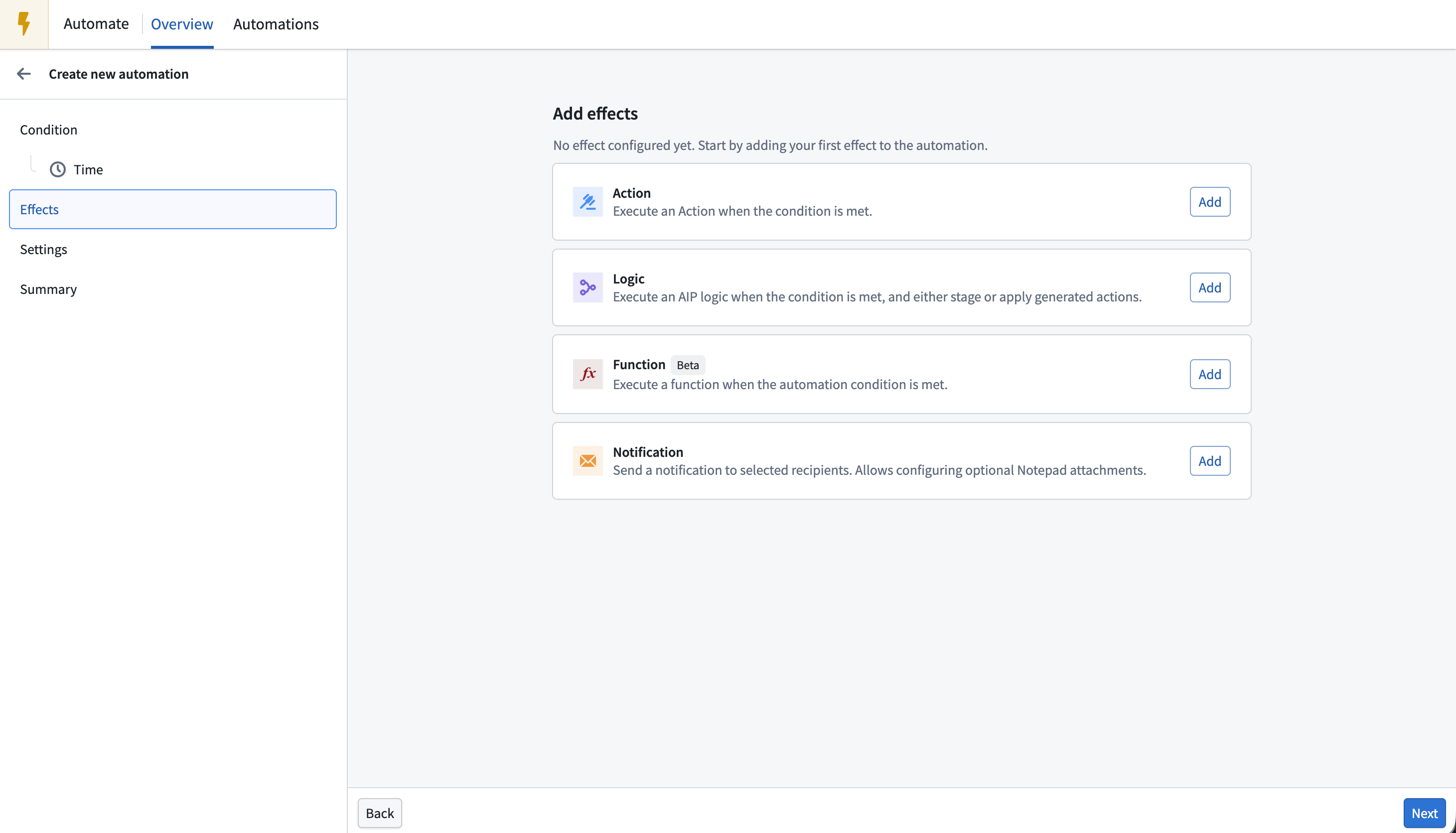 The Effect page for a new automation.
