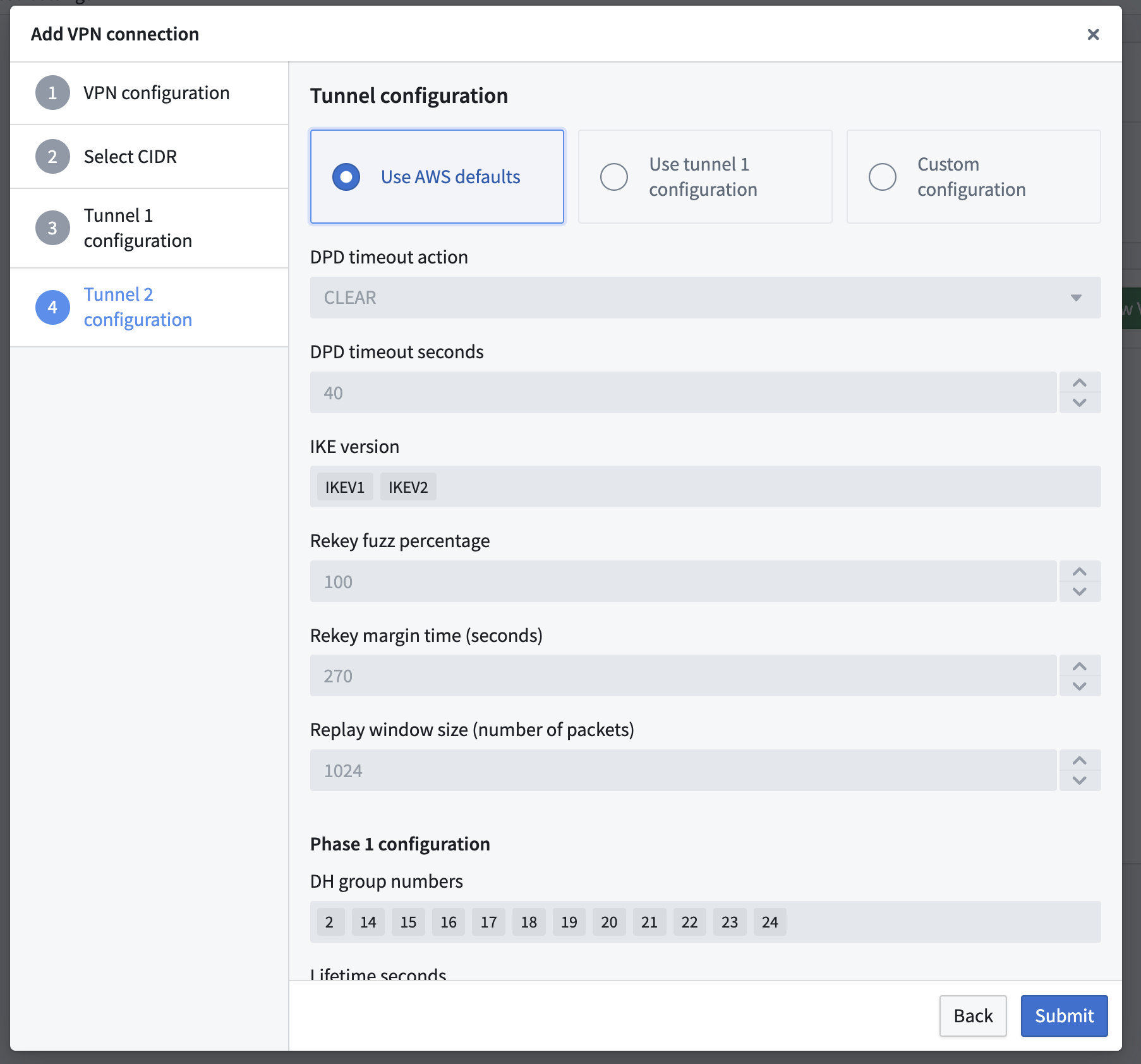 The Add VPN connection popup window displays the Tunnel 2 configuration tab.