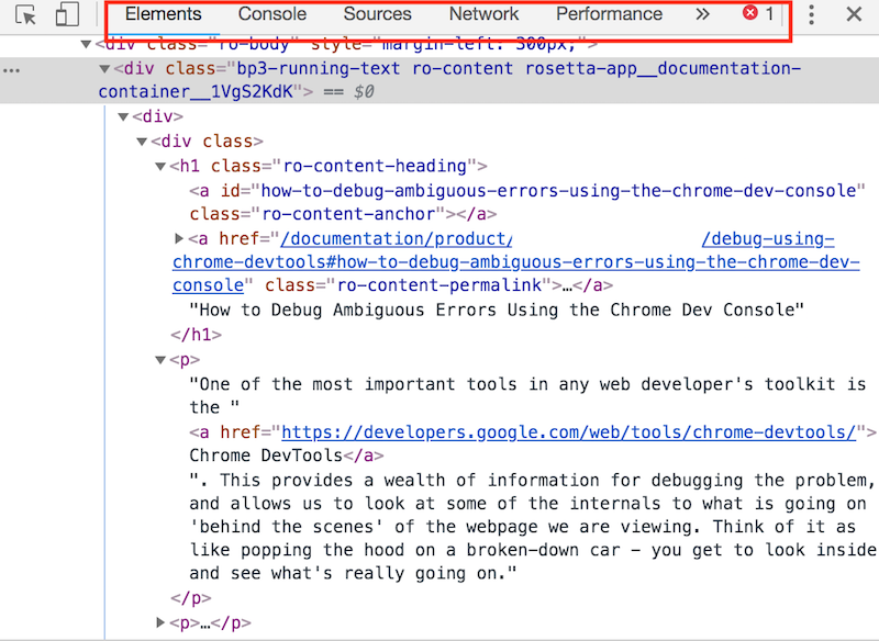 Screenshot of DevTools with tab selections highlighted in red