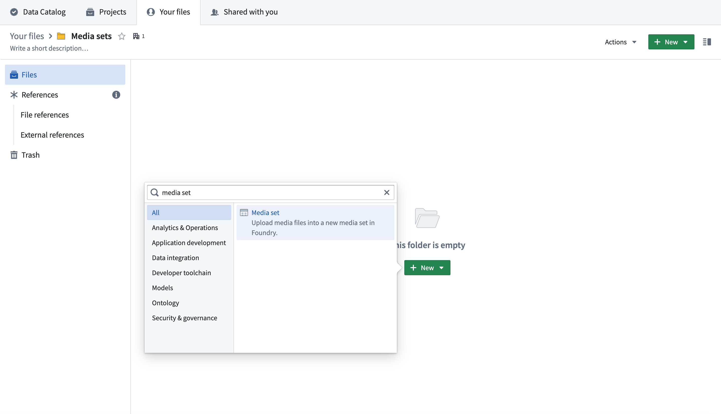 The New media set option in a Foundry folder.
