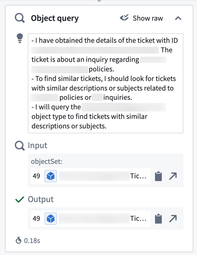 The Reasoning tab's Object query section displays an Agent's chain-of-thought reasoning.