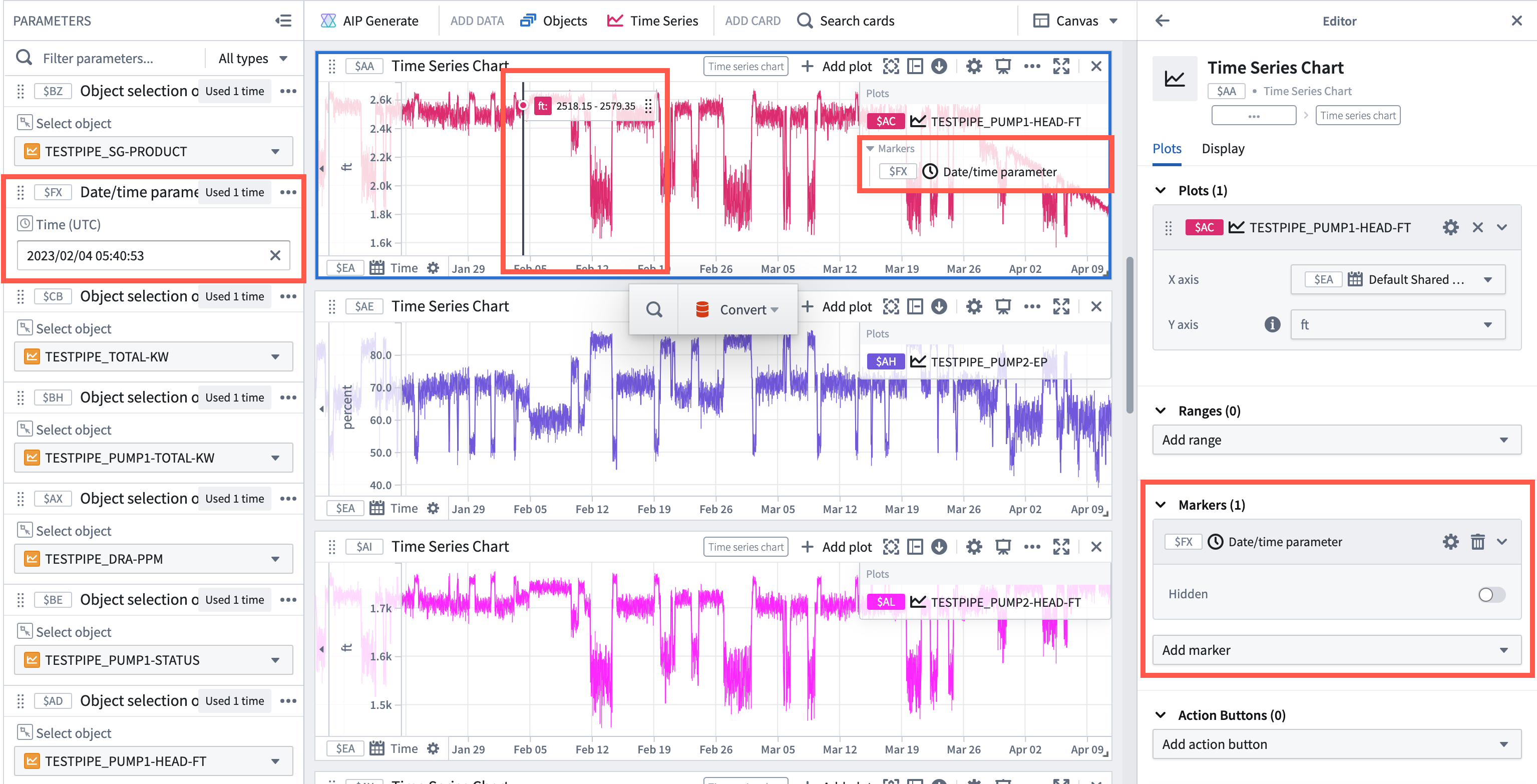 Quiver canvas showing a date/time parameter controlling a date marker which is highlighted on a time series chart and in the chart's legend.