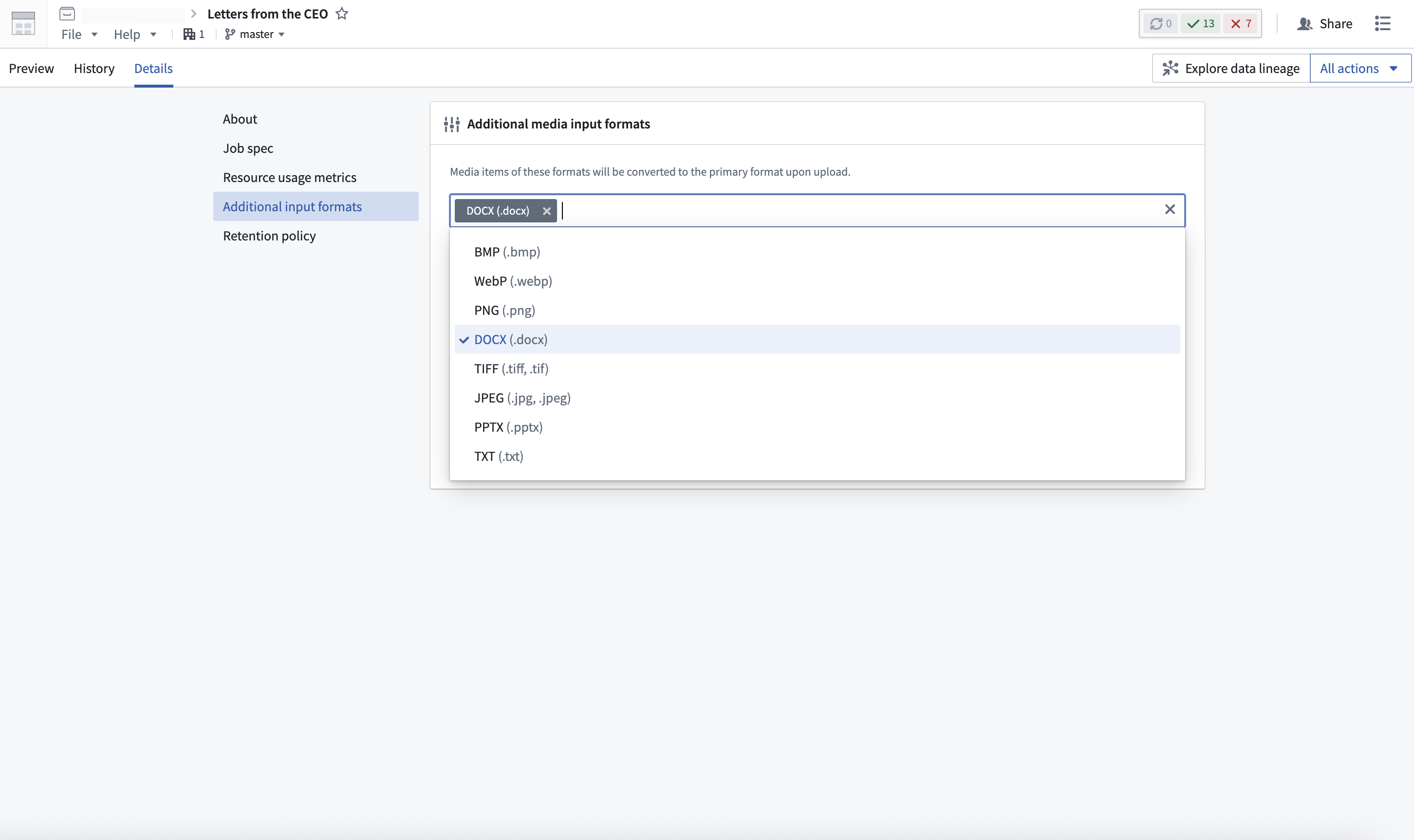 Configure additional input formats post-creation