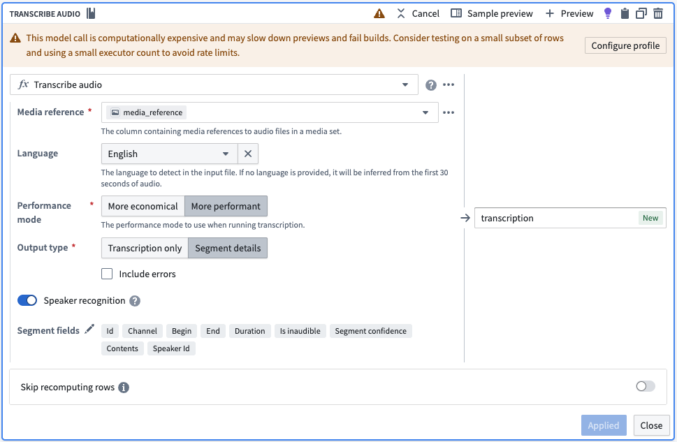 The Transcribe audio transform board in Pipeline Builder with options selected to output diarization results with transcription.