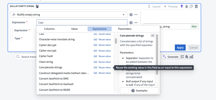 An example transform configuration page, with the option to Reuse values when replacing a nested expression.
