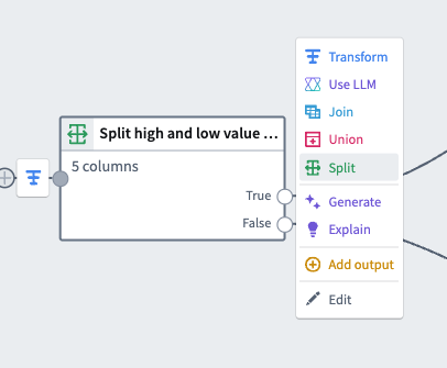 Screenshot of the Split transform in Pipeline Builder