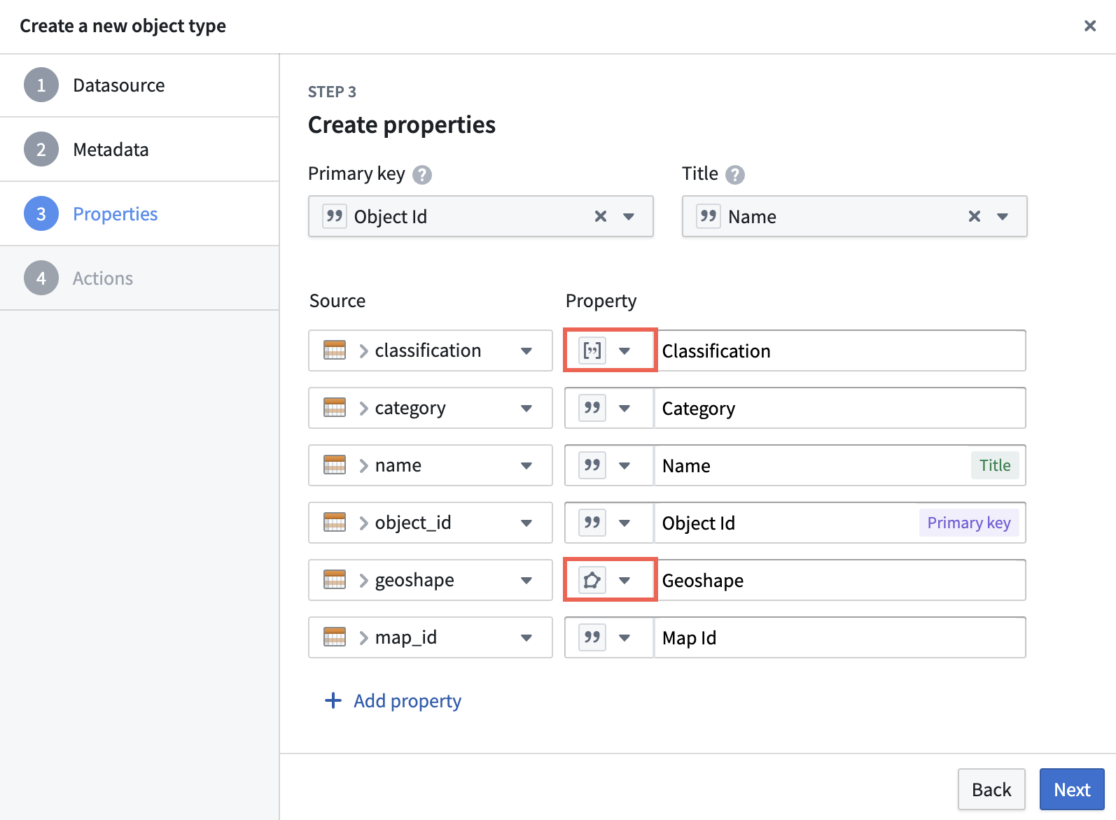 Ontology Manager's Create a new object type window is displayed, where a user can set an object type's Primary Key and Title as well as configure properties.