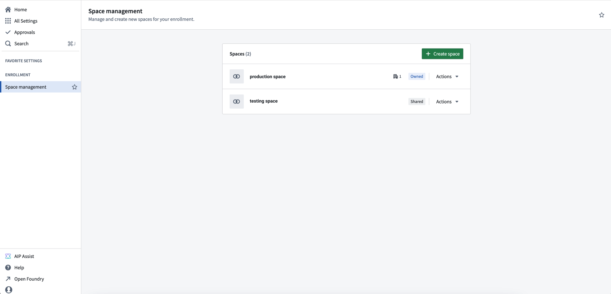 The Space management page in Control Panel.
