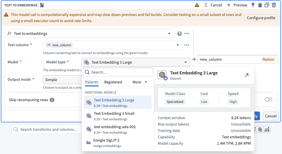 The Text to embeddings expression configured with a model in Pipeline Builder.