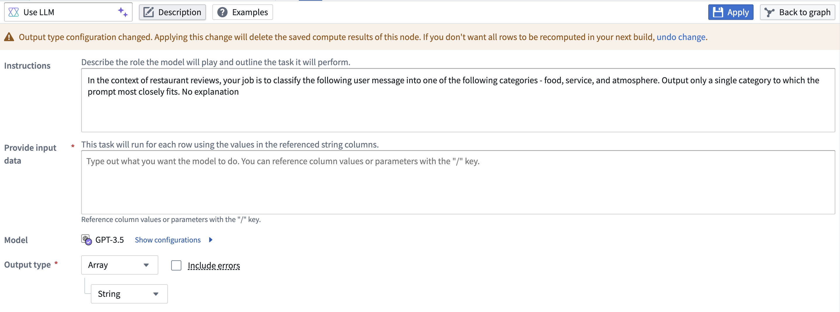 Screenshot of the output type change warning.