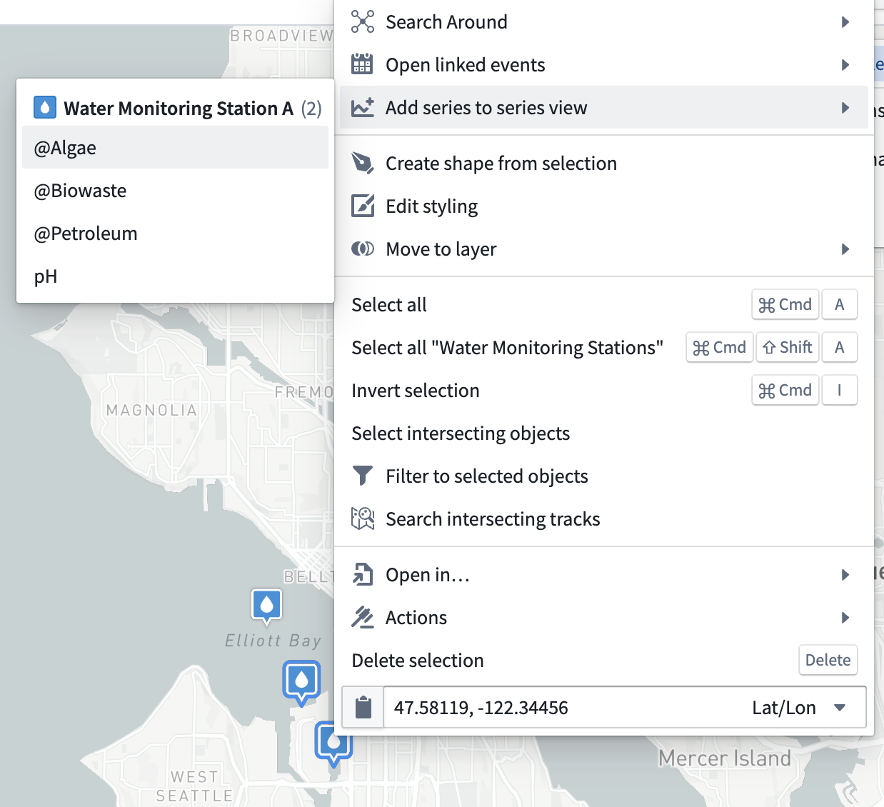 Adding a series to the series panel from the right-click menu.