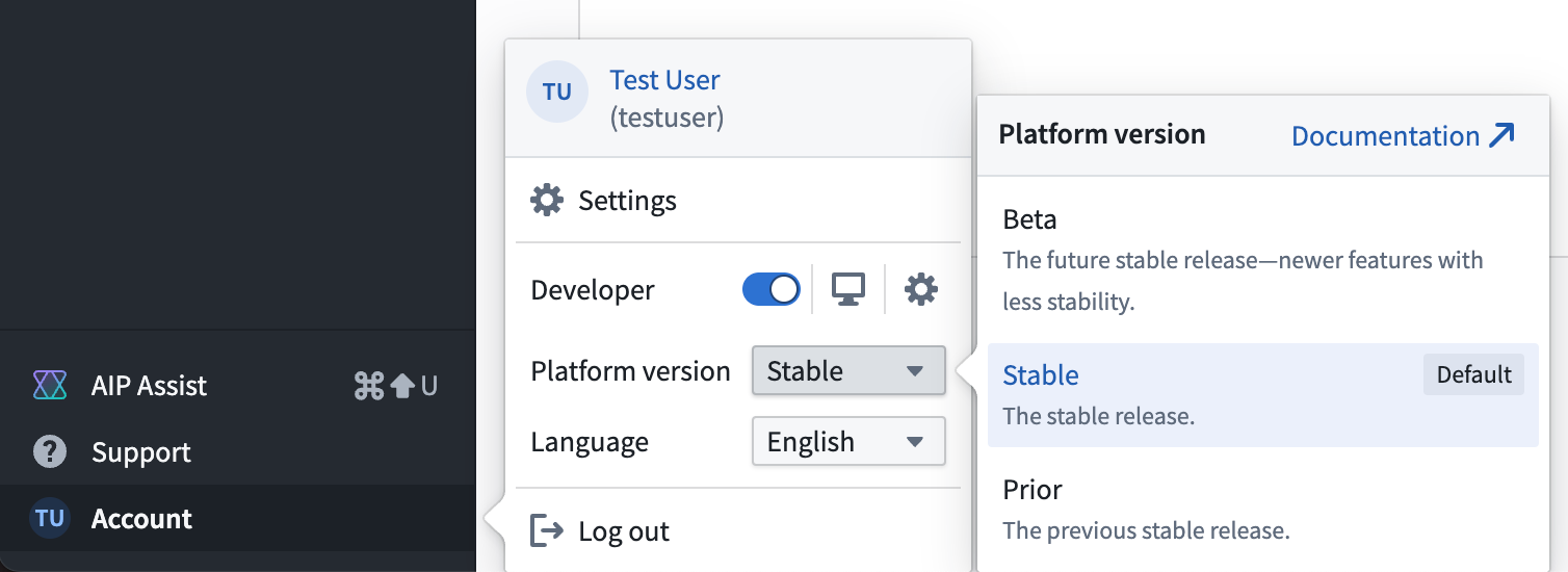 The platform version switcher is located in Account > Platform version dropdown menu.