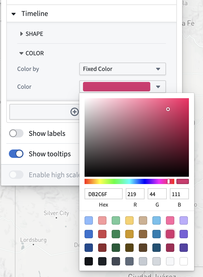 The timeline color configuration window, currently set to a fixed color.