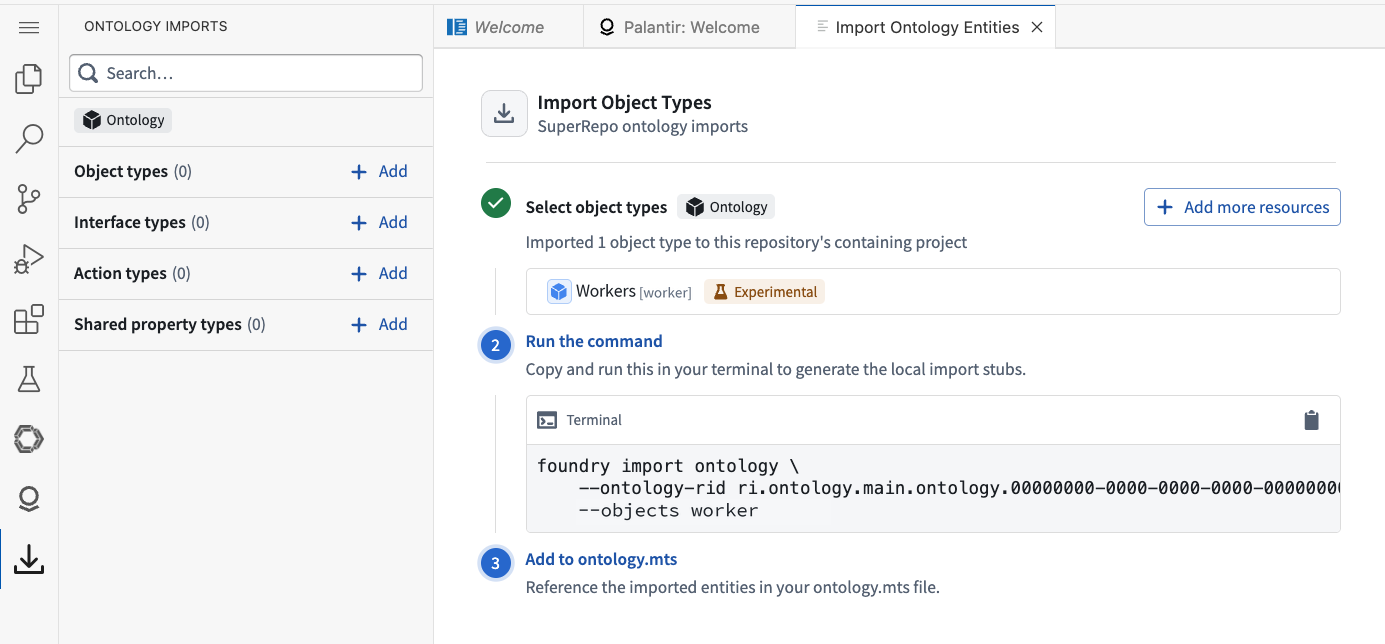 The import confirmation showing the foundry import ontology command for the Worker object type.