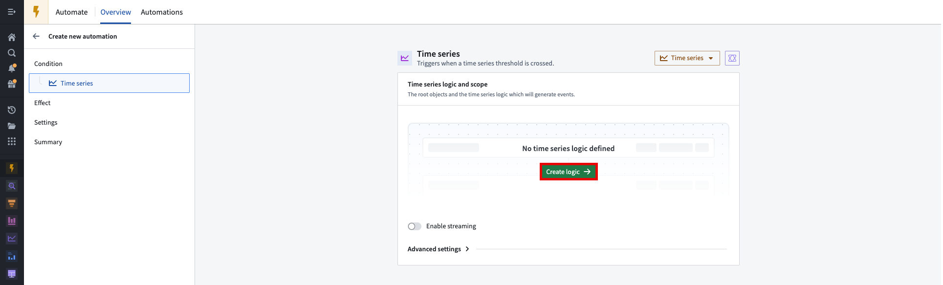Select create time series logic and scope