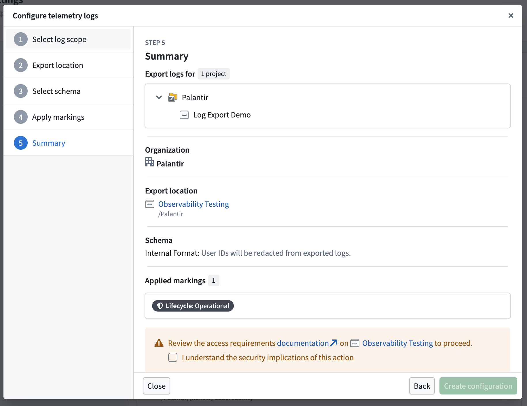 The summary step displaying selected projects, export location, schema, applied markings, and access requirements confirmation.