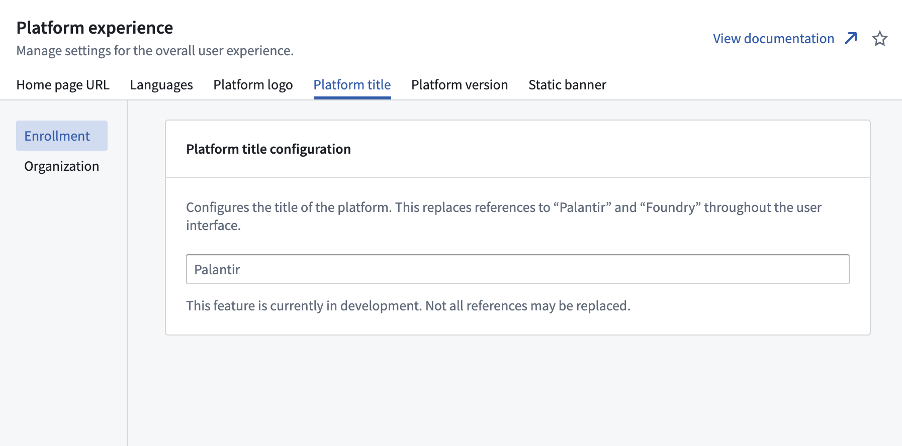 Configure the title of your platform in the Platform experience settings.