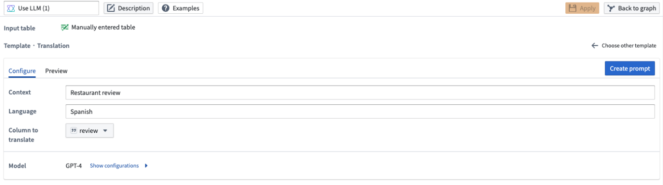 The Translation template for the Use LLM node