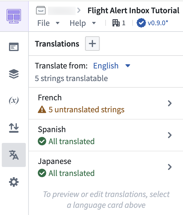 Translations configuration panel.