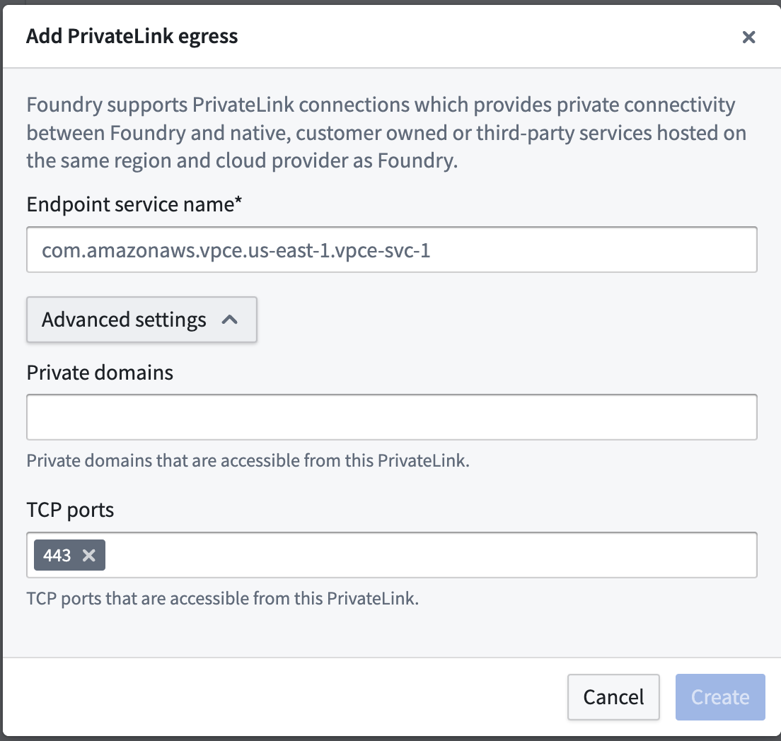 The Control Panel advanced settings when creating a private link.
