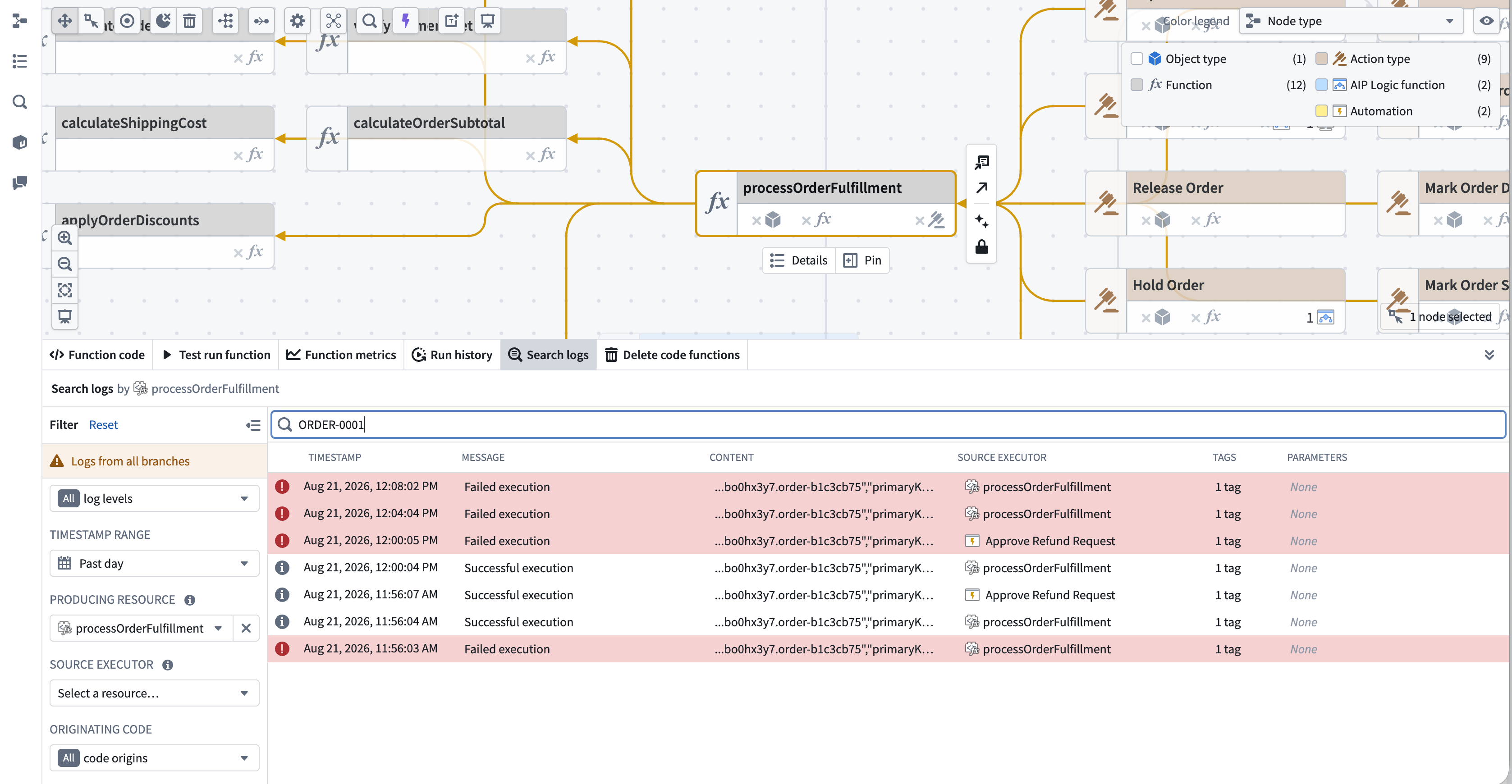 Log search results showing matching text highlighted in the Content column.