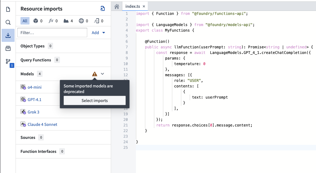 Model imports warning in sidebar.