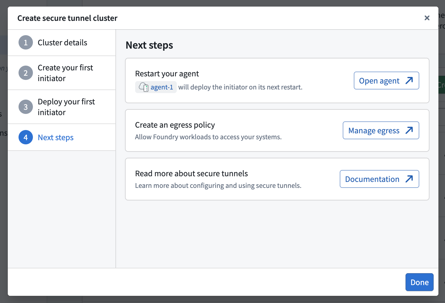 The Next steps screen provides options to open the agent, manage egress policies, and view documentation.
