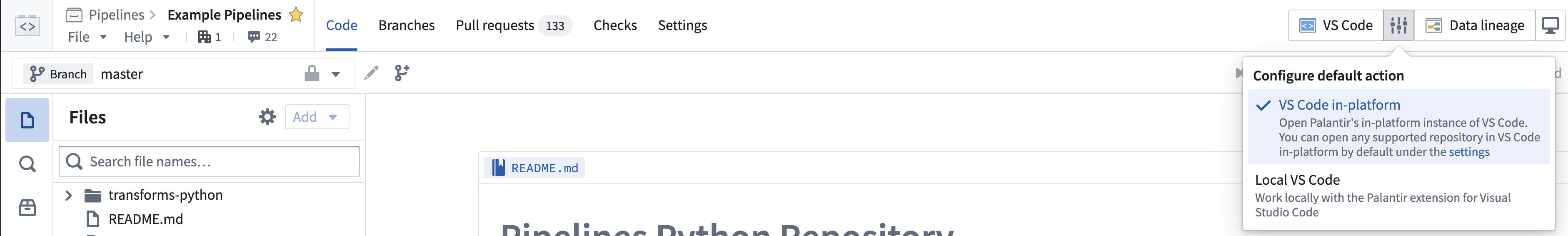 The "Open in VS Code" button inside Code Repositories.