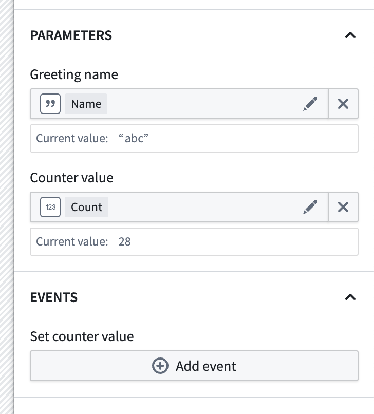 Events and parameters configuration.