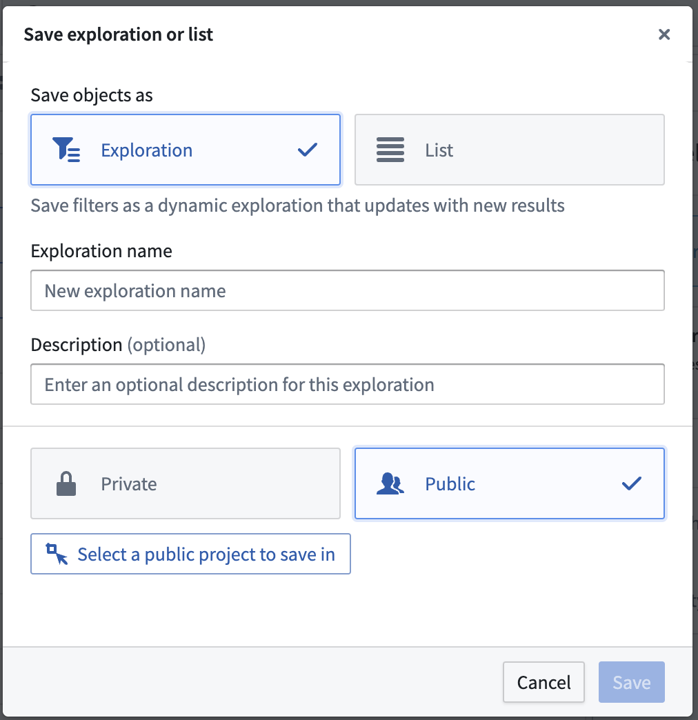 The Save exploration or list pop-up within Foundry's Object Explorer is displayed, enabling a user to save a selection of objects as an Exploration, or object set.