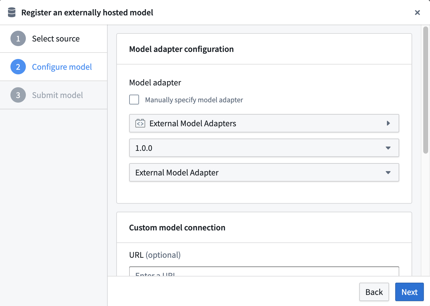 Define the model adapter for an externally hosted model in Palantir Foundry