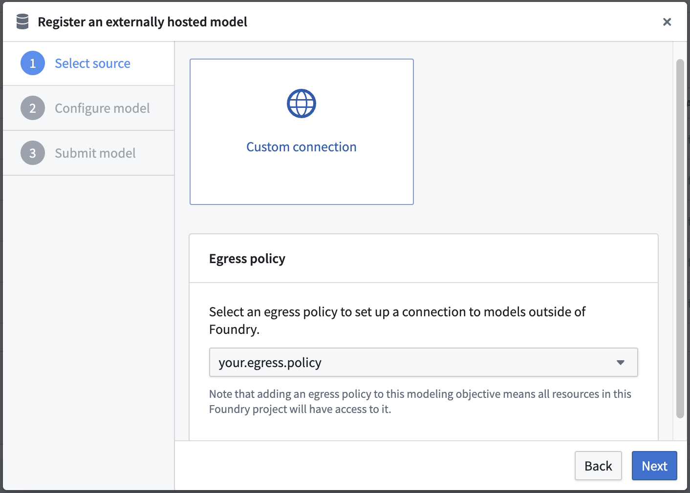 Select an egress policy for an externally hosted model in Palantir Foundry