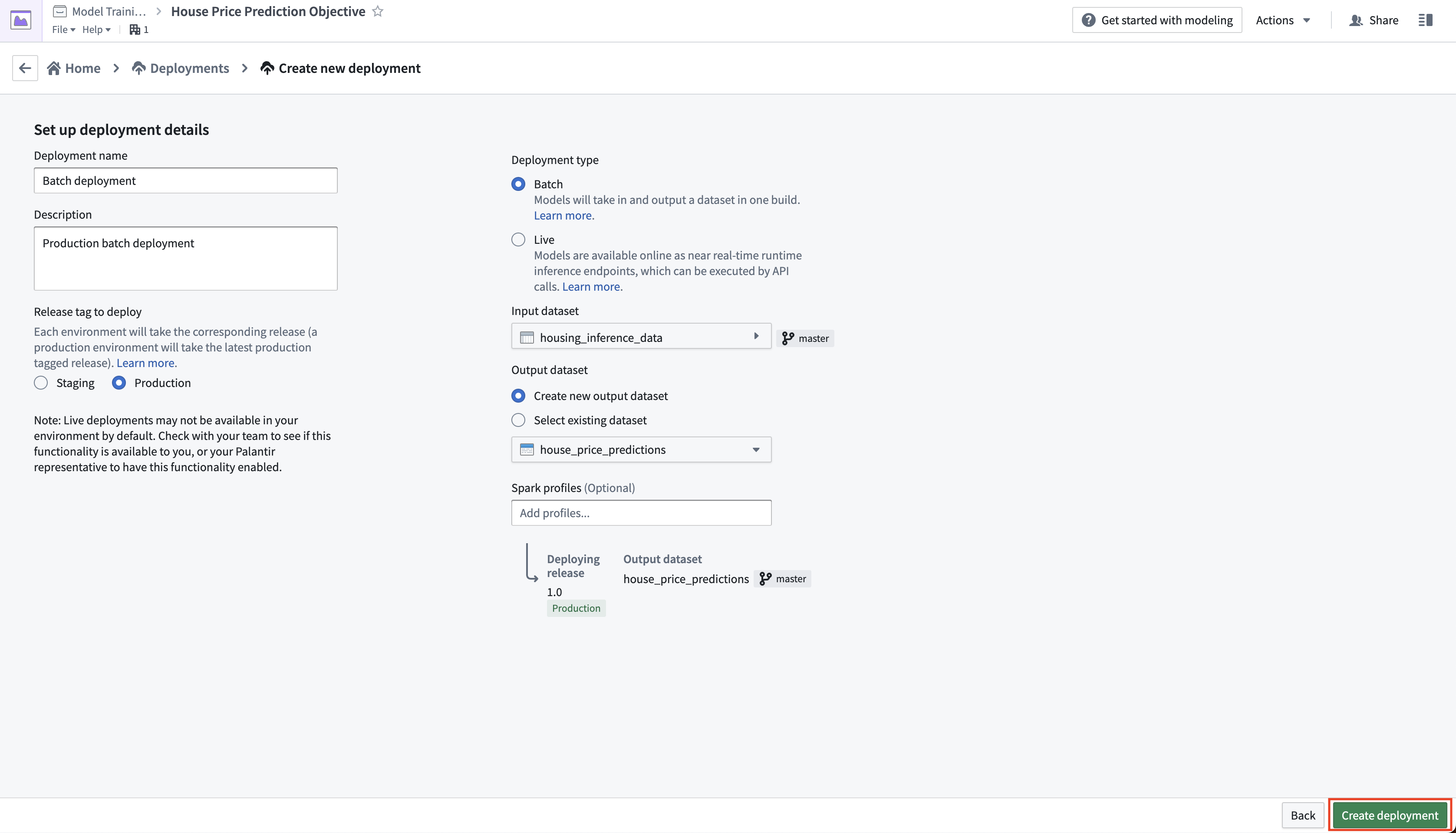Configure a batch deployment in a modeling objective configuration