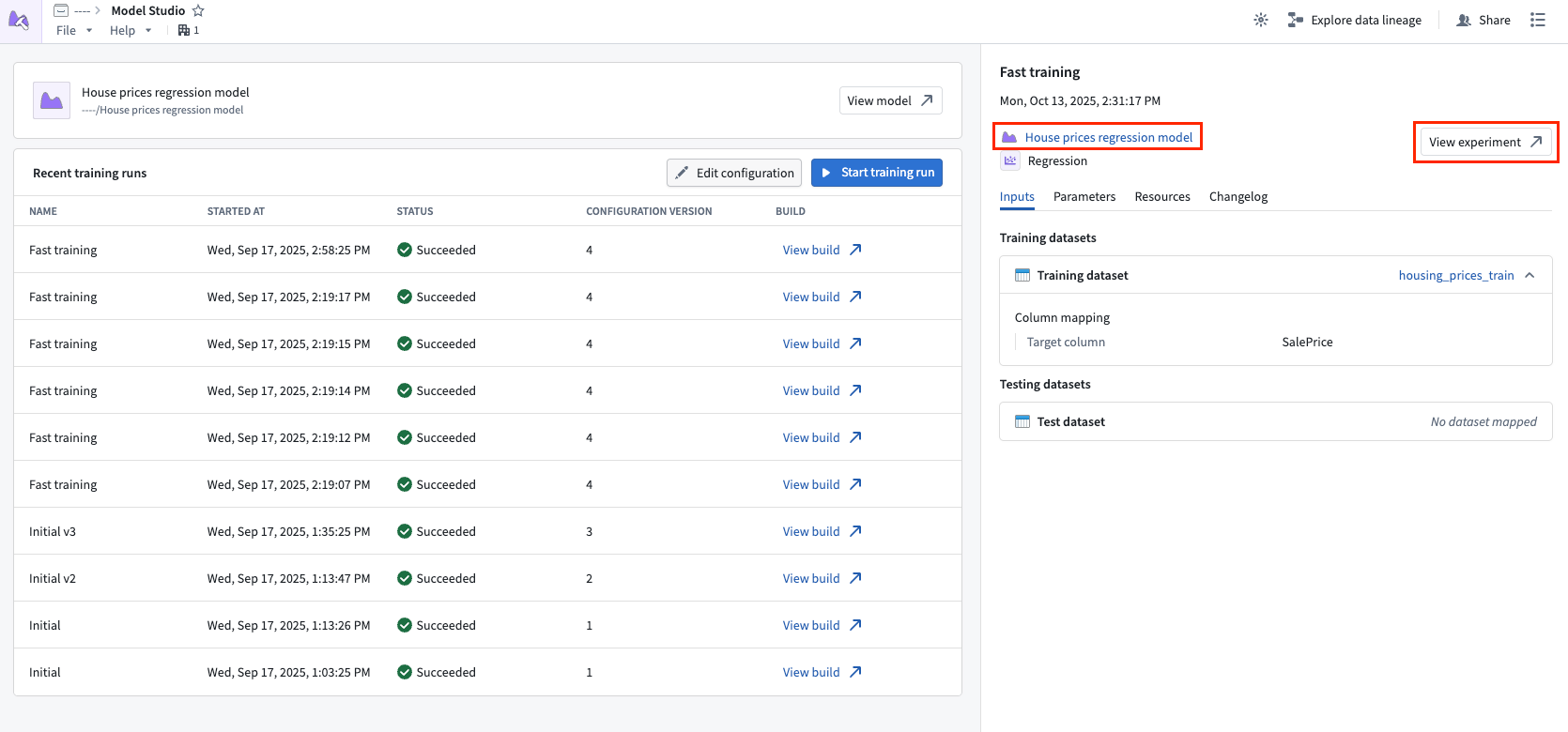 The Model Studio sidebar with the model name and "View experiment" option highlighted.