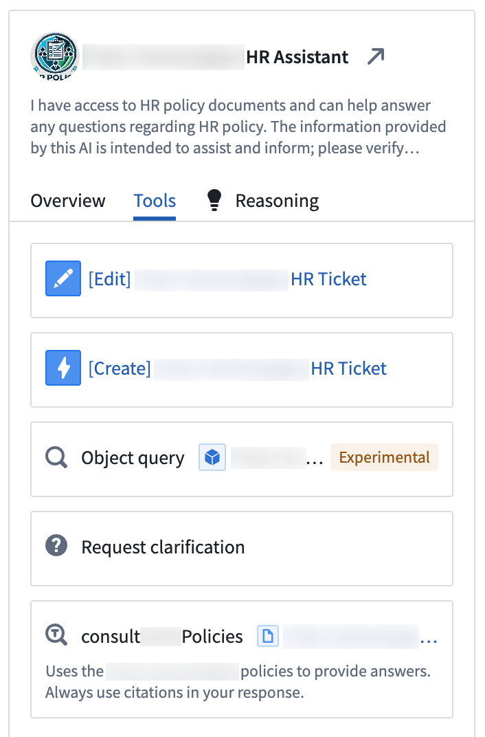 The Tools tab lists artifacts an agent may access to respond to user prompts.