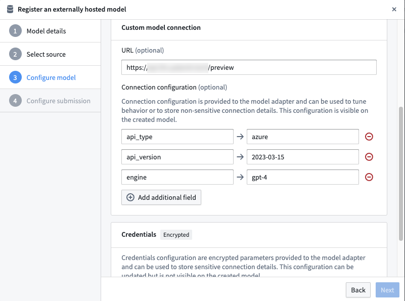 Connection configuration panel for Open AI.