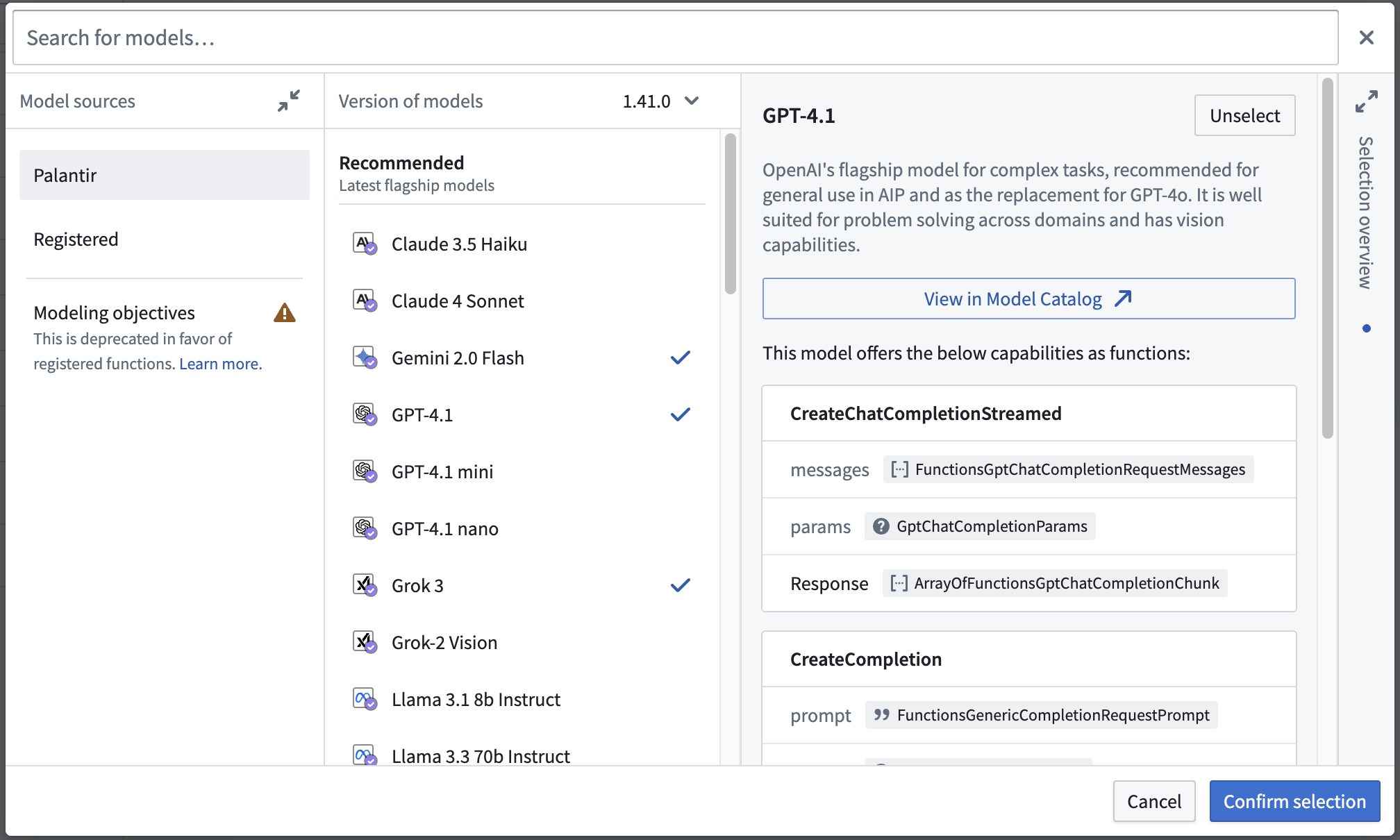 Model import dialog showing a few Palantir-provided LLMs.