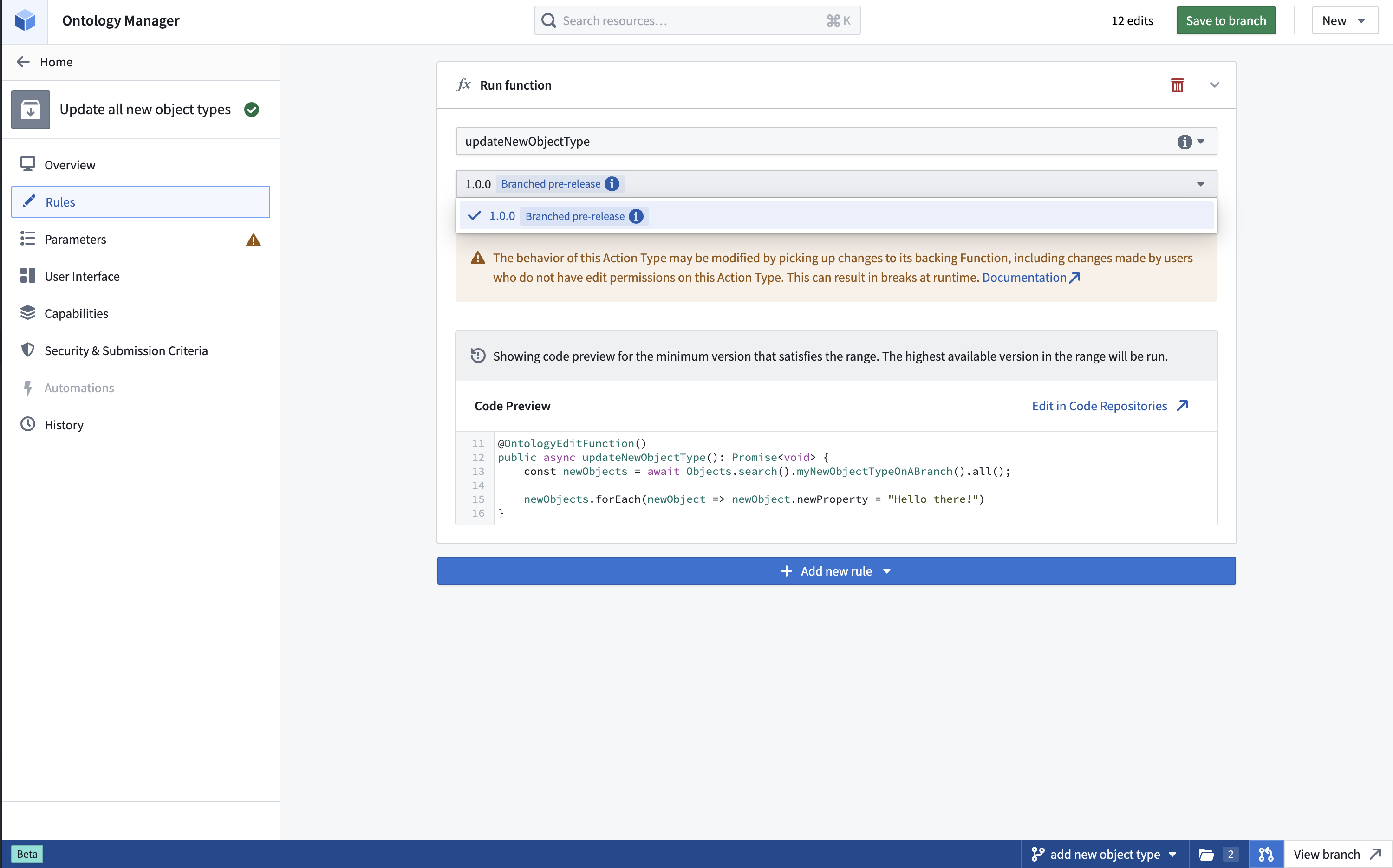 Using a branched function in actions.