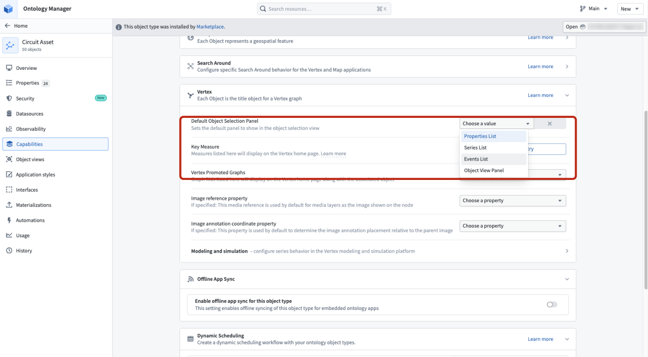 A section in Ontology Manager labeled "Default Object Selection Panel" and captioned "Sets the default panel to show in the object selection view" with the dropdown options of "Property list", "Series list", "Events list" and "Object view panel"